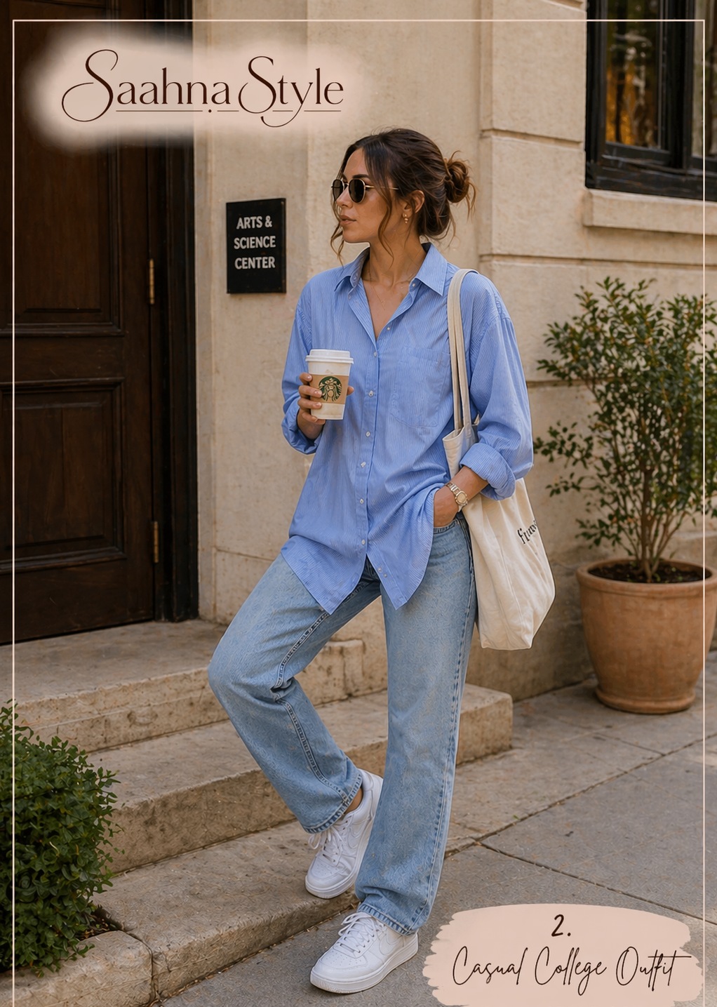 casual college outfit women oversized shirt jeans sneakers Pinterest outfit ideas 2026