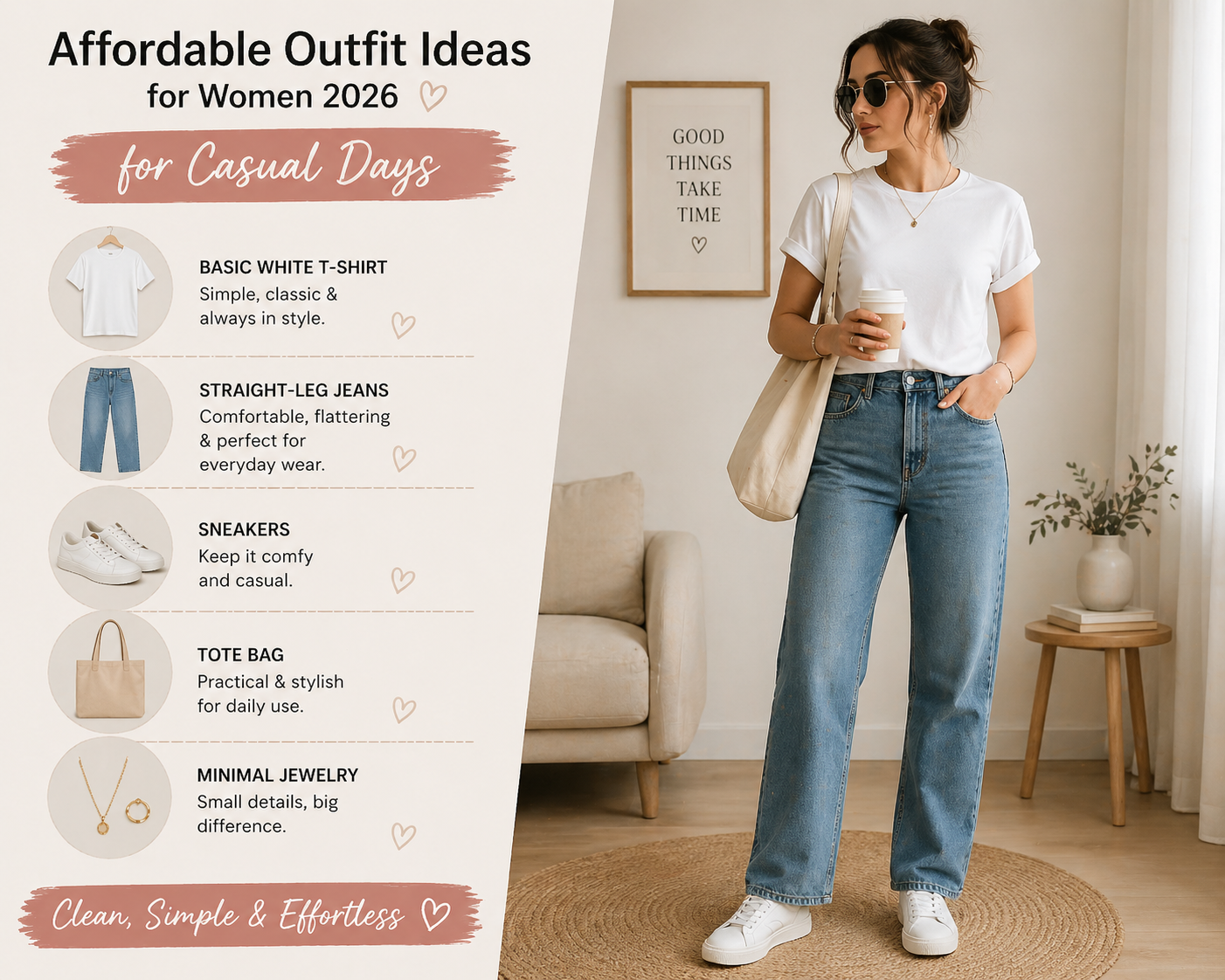 affordable outfit ideas for women 2026 casual day outfit white t shirt jeans sneakers simple aesthetic look
