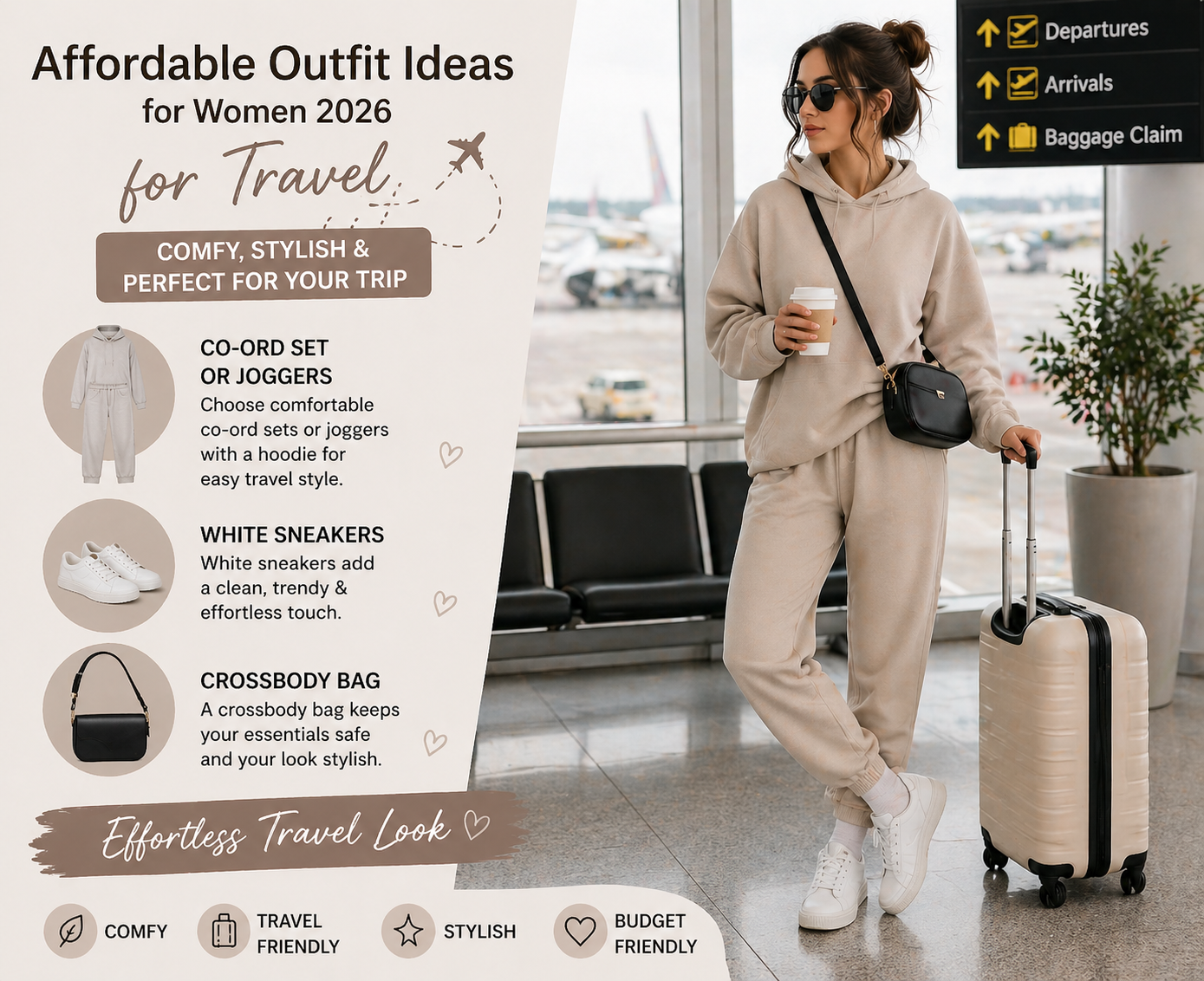 affordable outfit ideas for women 2026 travel outfit co ord set hoodie joggers white sneakers crossbody bag aesthetic look