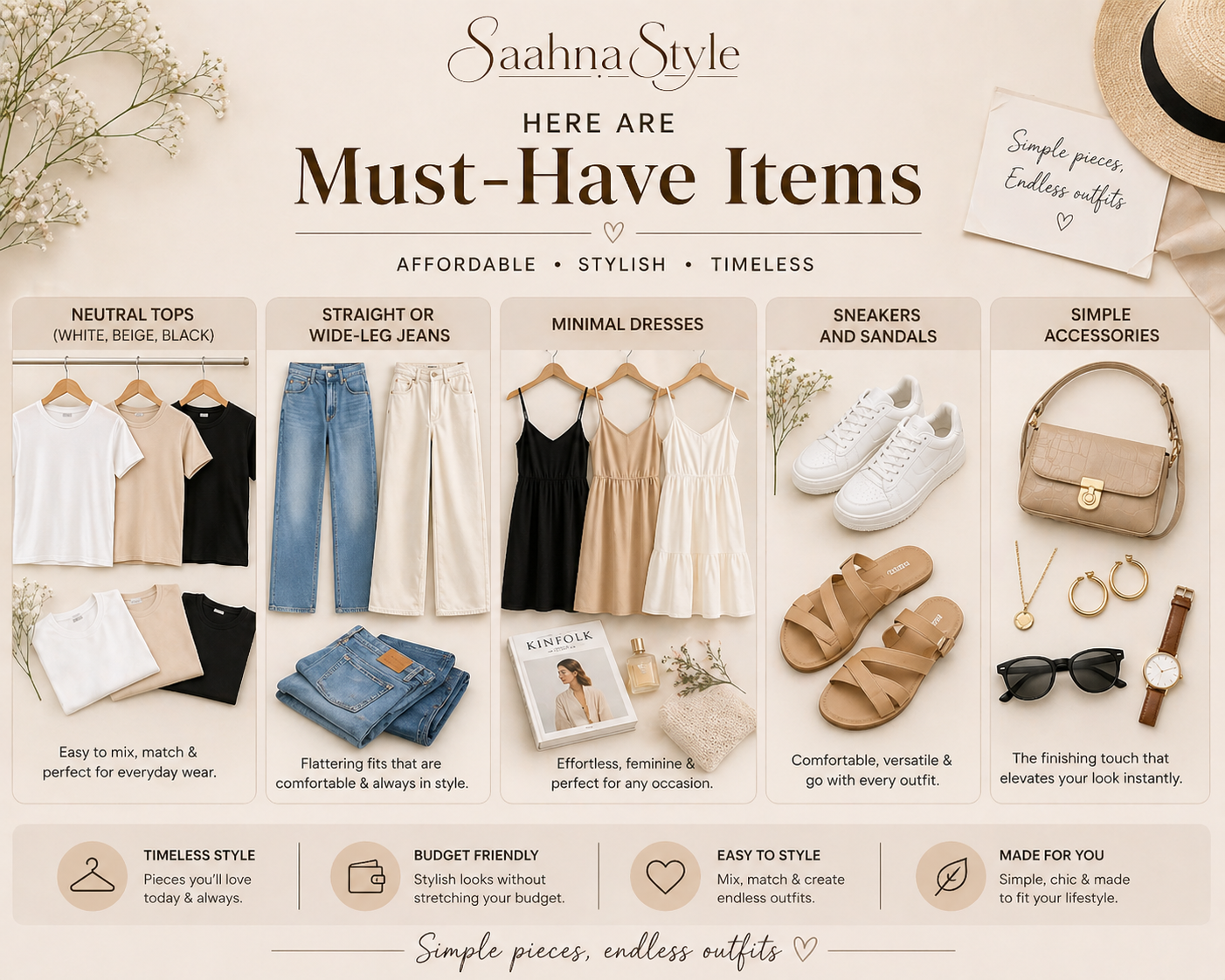 affordable outfit ideas for women 2026 must have wardrobe essentials neutral tops jeans dresses sneakers accessories