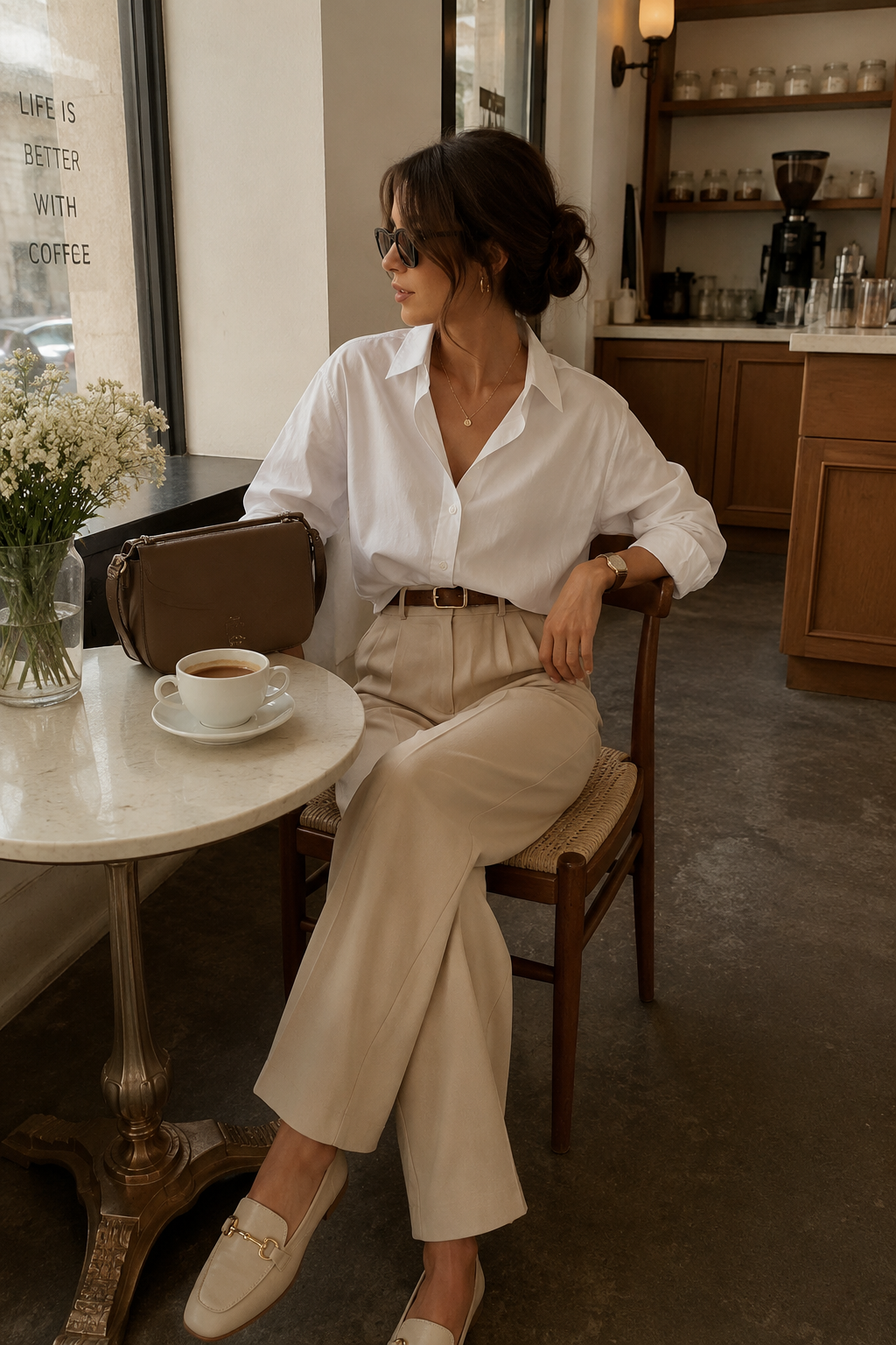 Old money outfit idea with beige trousers and white shirt